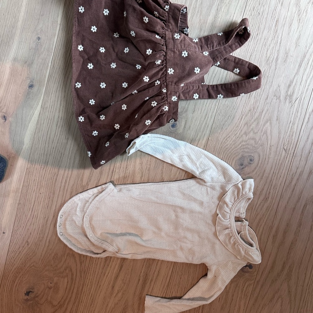 Fall: Brown Floral Dress and Cream Ruffled Onesie